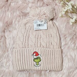American Eagle Hat Beanie Dusty Pink Embroidered Grinch Pompom Knit Christmas